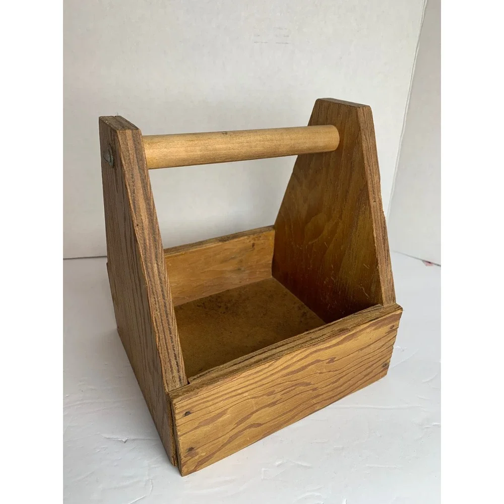 Vintage Handcrafted Wooden Tool Caddy Garden Tote Rustic Farmhouse Storage Box